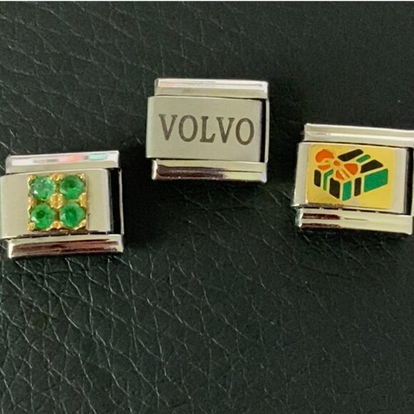 3  Vintage Italian Stainless Steel 9MM Charms - Volvo, May 4 Gem, Wrapped Gift - Picture 2 of 13